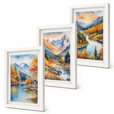 Mur de cadres paysage de montagne avec rivière et arbres d'automne