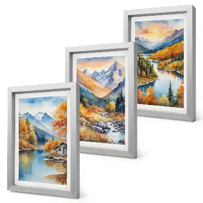 Mur de cadres paysage de montagne avec rivière et arbres d'automne