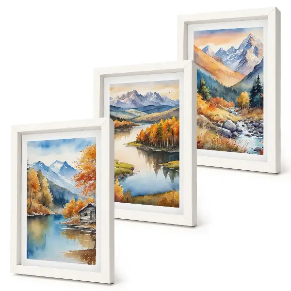 Lot de 3 tableaux représentant une vue sur les montagnes, la rivière et les arbres d'automne