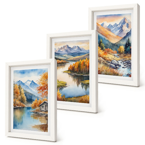 Lot de 3 tableaux Vue sur les montagnes, la rivière et les arbres d'automne
