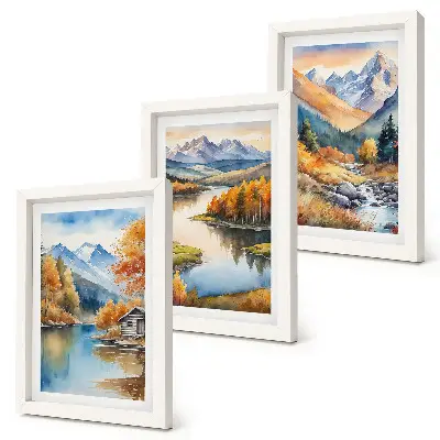Lot de 3 tableaux représentant une vue sur les montagnes, la rivière et les arbres d'automne