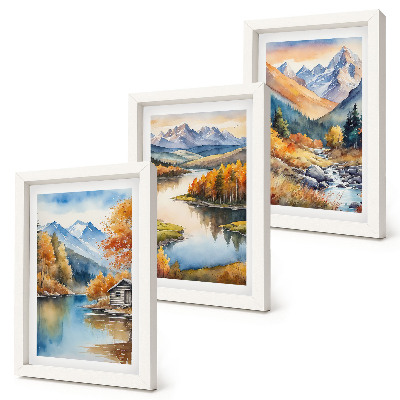 Lot de 3 tableaux Vue sur les montagnes, la rivière et les arbres d'automne