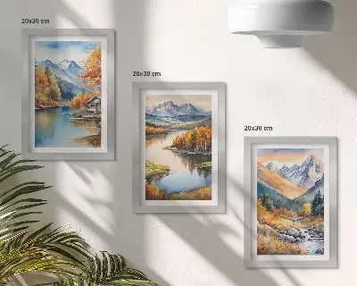 Lot de 3 tableaux représentant une vue sur les montagnes, la rivière et les arbres d'automne