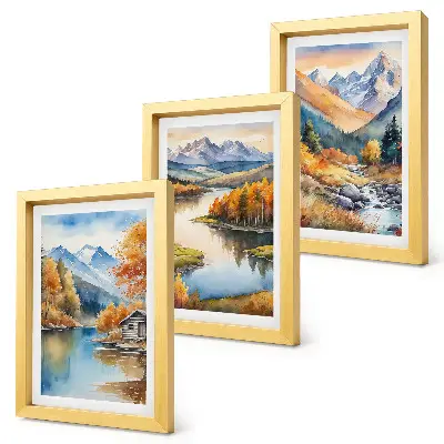Lot de 3 tableaux représentant une vue sur les montagnes, la rivière et les arbres d'automne
