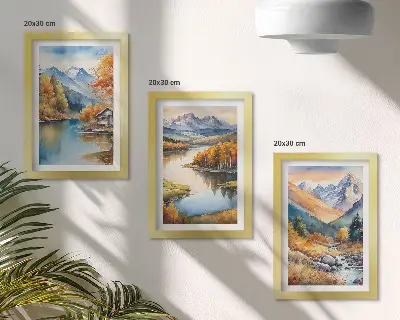 Lot de 3 tableaux représentant une vue sur les montagnes, la rivière et les arbres d'automne
