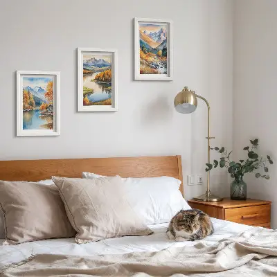 Lot de 3 tableaux représentant une vue sur les montagnes, la rivière et les arbres d'automne