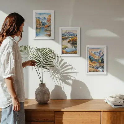 Lot de 3 tableaux représentant une vue sur les montagnes, la rivière et les arbres d'automne