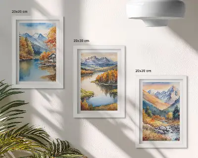 Lot de 3 tableaux représentant une vue sur les montagnes, la rivière et les arbres d'automne