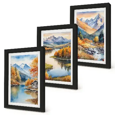 Lot de 3 tableaux représentant une vue sur les montagnes, la rivière et les arbres d'automne
