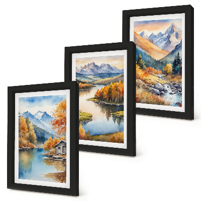 Lot de 3 tableaux Vue sur les montagnes, la rivière et les arbres d'automne
