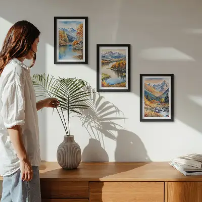 Lot de 3 tableaux représentant une vue sur les montagnes, la rivière et les arbres d'automne