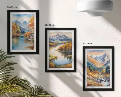 Lot de 3 tableaux représentant une vue sur les montagnes, la rivière et les arbres d'automne