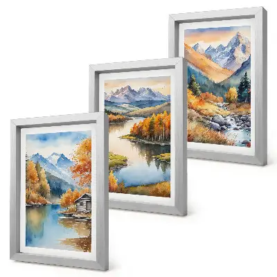 Lot de 3 tableaux représentant une vue sur les montagnes, la rivière et les arbres d'automne