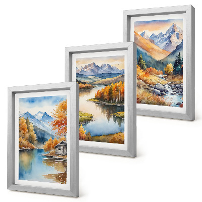 Lot de 3 tableaux Vue sur les montagnes, la rivière et les arbres d'automne