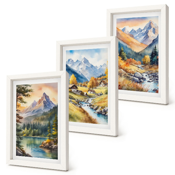 Ensemble de 3 tableaux Un paysage de montagne avec une rivière et des chalets aux couleurs d'automne