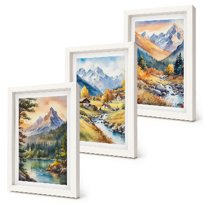 Ensemble de 3 tableaux Un paysage de montagne avec une rivière et des chalets aux couleurs d'automne