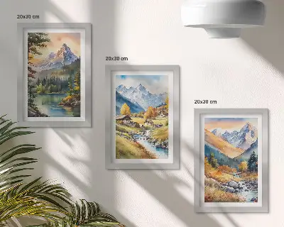 Ensemble de 3 tableaux paysage de montagne avec rivière et chalets aux couleurs d'automne