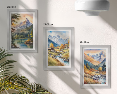 Ensemble de 3 tableaux Un paysage de montagne avec une rivière et des chalets aux couleurs d'automne