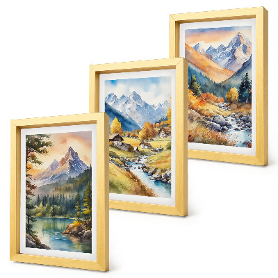 Ensemble de 3 tableaux Un paysage de montagne avec une rivière et des chalets aux couleurs d'automne