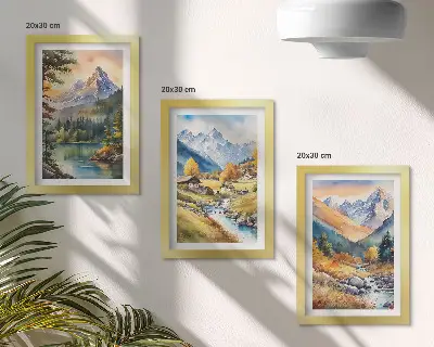 Ensemble de 3 tableaux paysage de montagne avec rivière et chalets aux couleurs d'automne