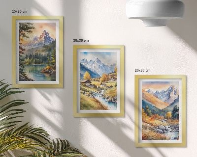 Ensemble de 3 tableaux Un paysage de montagne avec une rivière et des chalets aux couleurs d'automne