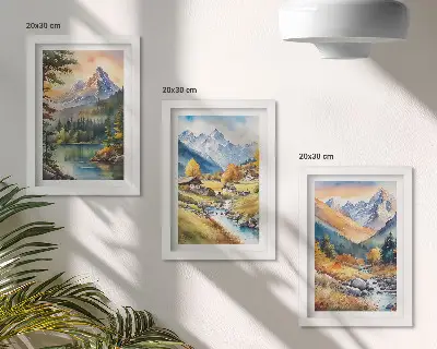 Ensemble de 3 tableaux paysage de montagne avec rivière et chalets aux couleurs d'automne