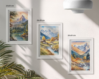 Ensemble de 3 tableaux Un paysage de montagne avec une rivière et des chalets aux couleurs d'automne