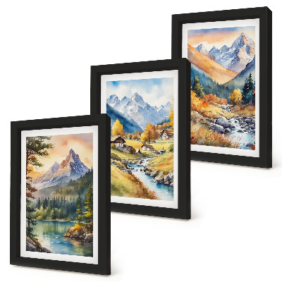Ensemble de 3 tableaux Un paysage de montagne avec une rivière et des chalets aux couleurs d'automne