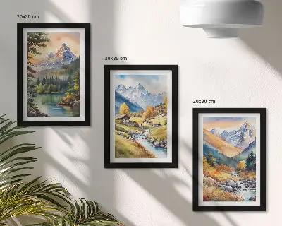 Ensemble de 3 tableaux paysage de montagne avec rivière et chalets aux couleurs d'automne