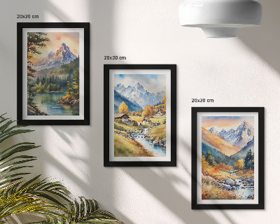 Ensemble de 3 tableaux Un paysage de montagne avec une rivière et des chalets aux couleurs d'automne