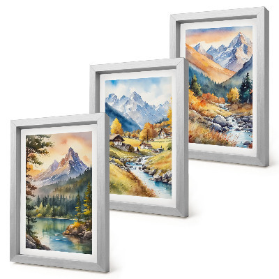 Ensemble de 3 tableaux Un paysage de montagne avec une rivière et des chalets aux couleurs d'automne