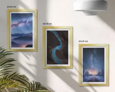Lot de 3 tableaux représentant un ciel nocturne, des montagnes, des gorges et un paysage hivernal