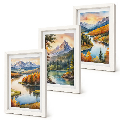 Ensemble de 3 tableaux Paysages de montagne avec une rivière et des arbres colorés