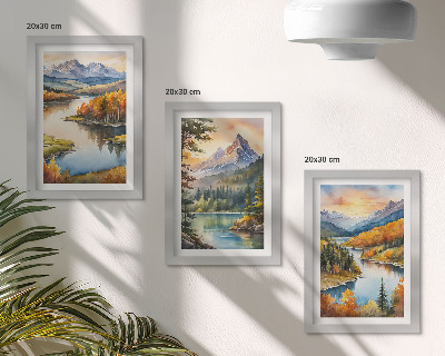 Ensemble de 3 tableaux Paysages de montagne avec une rivière et des arbres colorés