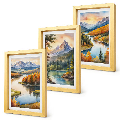 Ensemble de 3 tableaux Paysages de montagne avec une rivière et des arbres colorés
