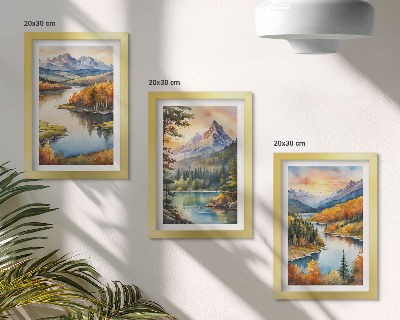 Ensemble de 3 tableaux Paysages de montagne avec une rivière et des arbres colorés