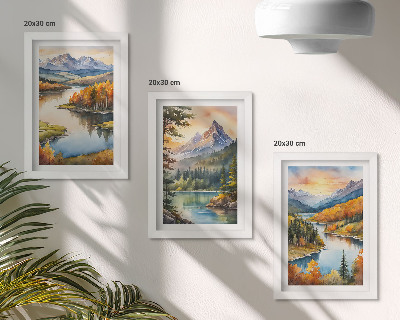Ensemble de 3 tableaux Paysages de montagne avec une rivière et des arbres colorés