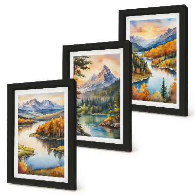 Ensemble de 3 tableaux Paysages de montagne avec une rivière et des arbres colorés