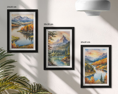 Ensemble de 3 tableaux Paysages de montagne avec une rivière et des arbres colorés
