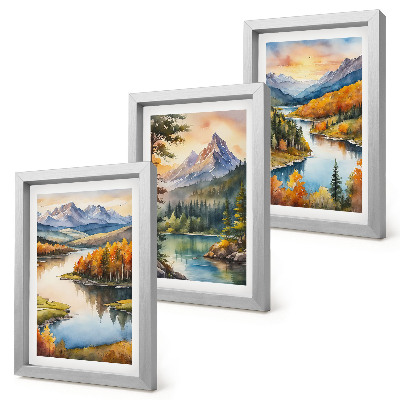 Ensemble de 3 tableaux Paysages de montagne avec une rivière et des arbres colorés