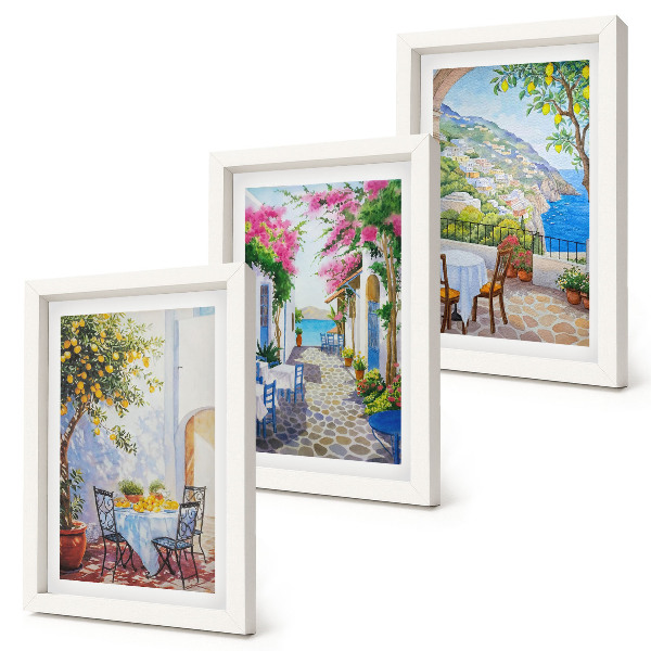 Mur de cadres Rues charmantes bordées de plantes fleuries et offrant une vue sur la mer
