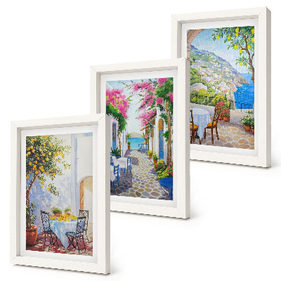 Mur de cadres Rues charmantes bordées de plantes fleuries et offrant une vue sur la mer