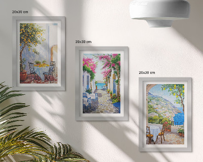 Mur de cadres Rues charmantes bordées de plantes fleuries et offrant une vue sur la mer
