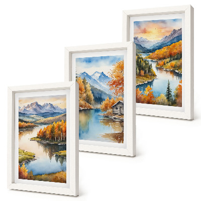Ensemble de 3 tableaux Paysages de montagne automnaux avec une rivière et un chalet au bord de l'eau