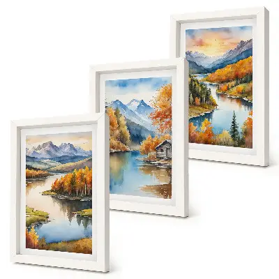 Ensemble de 3 tableaux représentant des paysages de montagne automnaux avec une rivière et un chalet au bord de l'eau