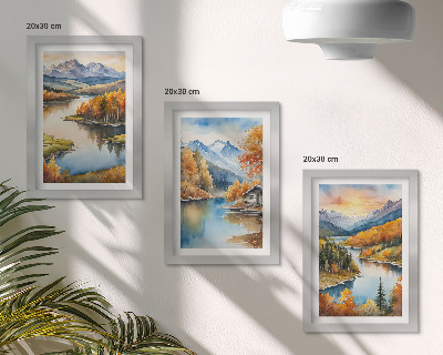 Ensemble de 3 tableaux Paysages de montagne automnaux avec une rivière et un chalet au bord de l'eau