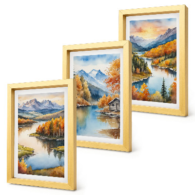 Ensemble de 3 tableaux Paysages de montagne automnaux avec une rivière et un chalet au bord de l'eau