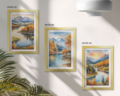 Ensemble de 3 tableaux Paysages de montagne automnaux avec une rivière et un chalet au bord de l'eau