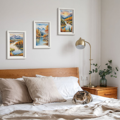 Ensemble de 3 tableaux Paysages de montagne automnaux avec une rivière et un chalet au bord de l'eau