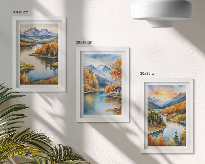 Ensemble de 3 tableaux Paysages de montagne automnaux avec une rivière et un chalet au bord de l'eau
